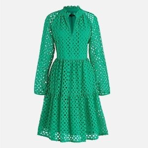 J. Crew Shamrock Green Eyelet Dress With Long Raglan Sleeves -Size Medium Petite